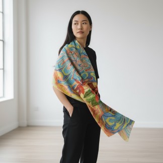 Khăn gai dài vẽ tay hình thuỷ ấn và Khuê Văn Các 70*190cm